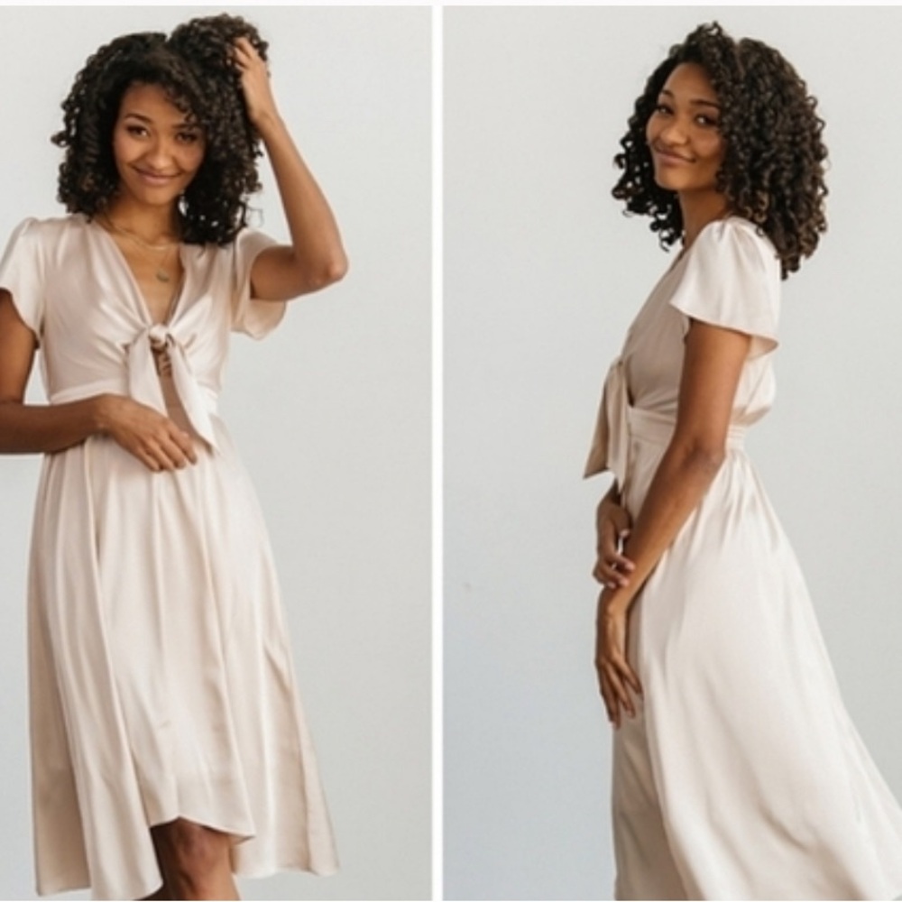 Baltic Born Poppy Satin Midi Dress V-Neck Open Tie Front in Champagne